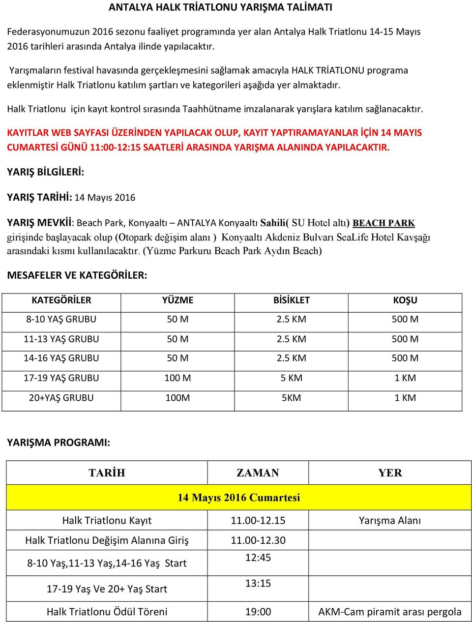 Halk Triatlonu için kayıt kontrol sırasında Taahhütname imzalanarak yarışlara katılım sağlanacaktır.