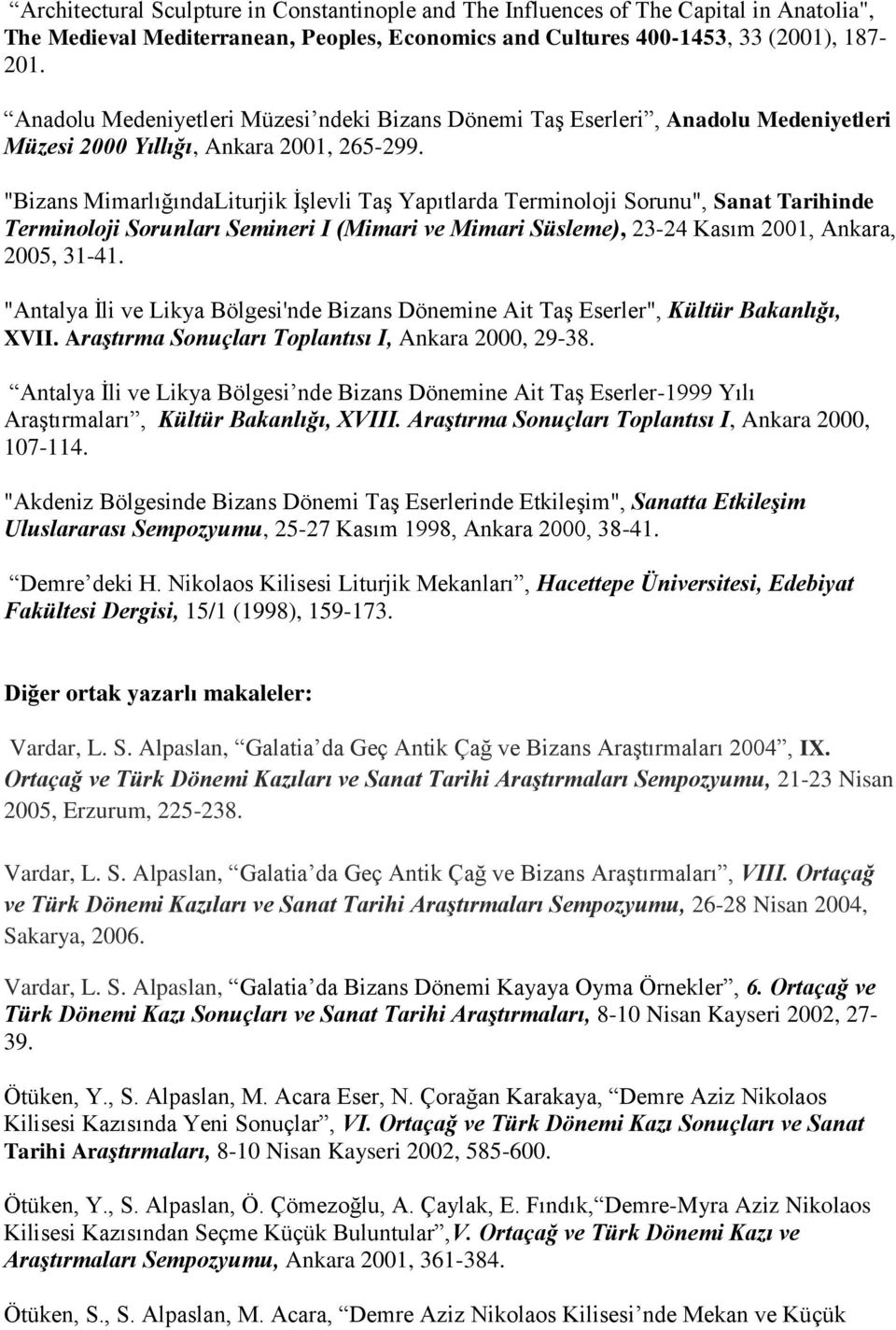 "Bizans MimarlığındaLiturjik İşlevli Taş Yapıtlarda Terminoloji Sorunu", Sanat Tarihinde Terminoloji Sorunları Semineri I (Mimari ve Mimari Süsleme), 23-24 Kasım 2001, Ankara, 2005, 31-41.