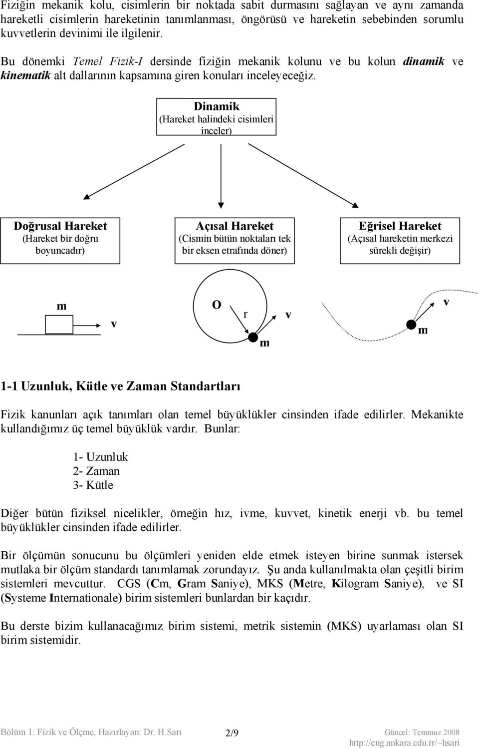 Dinamik (Hareket halindeki cisimleri inceler) Doğrusal Hareket (Hareket bir doğru boyuncadır) Açısal Hareket (Cismin bütün noktaları tek bir eksen etrafında döner) Eğrisel Hareket (Açısal hareketin