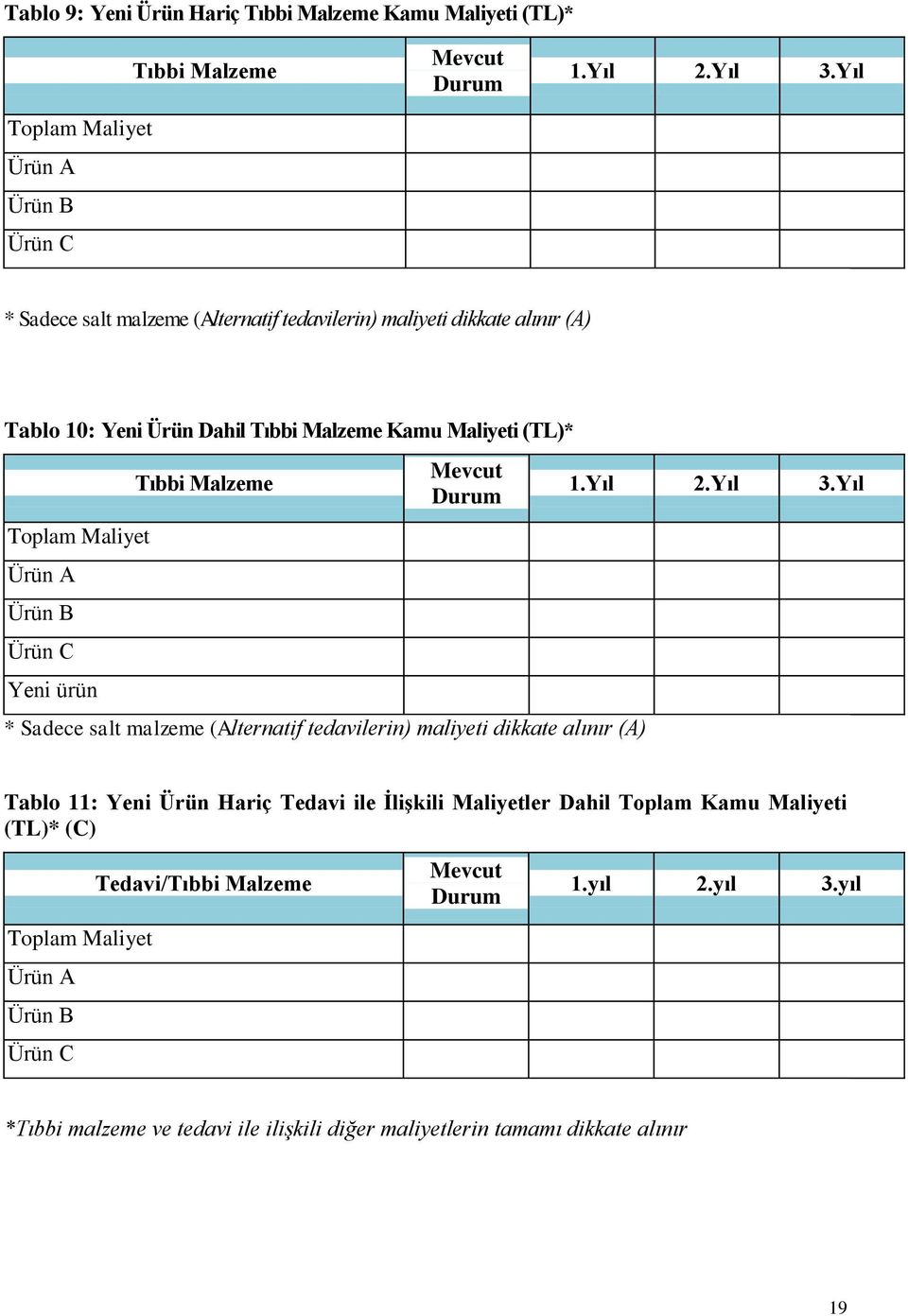 Yeni ürün Tıbbi Malzeme Mevcut Durum * Sadece salt malzeme (Alternatif tedavilerin) maliyeti dikkate alınır (A) 1.Yıl 2.Yıl 3.