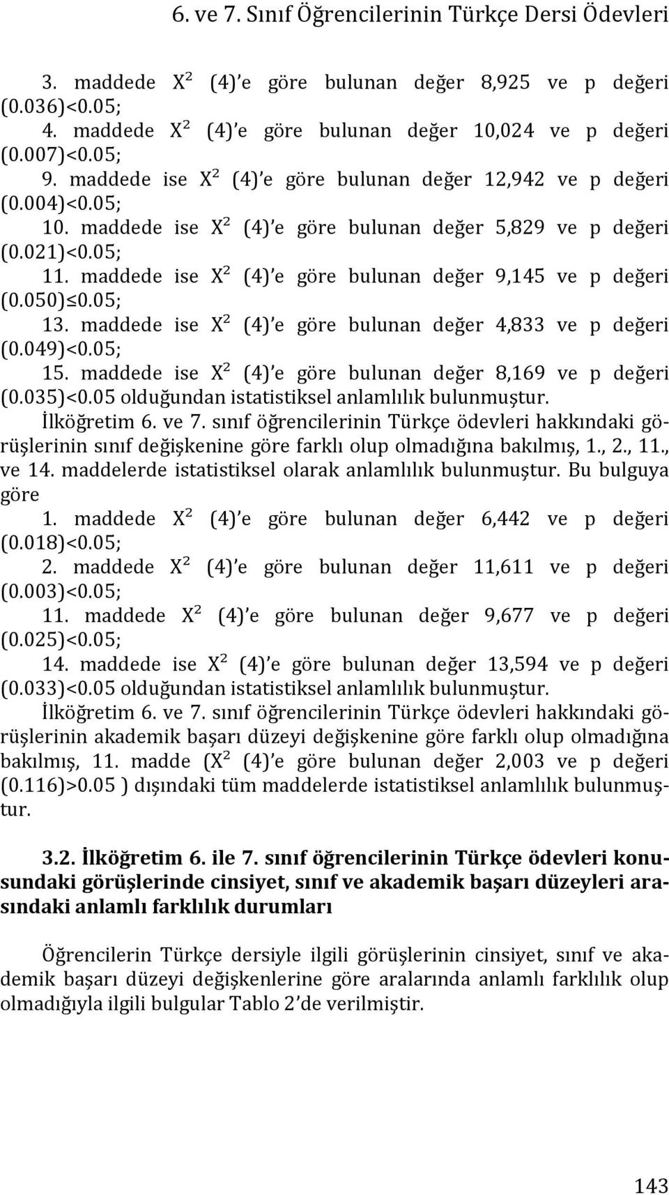 maddede ise X² (4) e göre bulunan değer 9,145 ve p değeri (0.050) 0.05; 13. maddede ise X² (4) e göre bulunan değer 4,833 ve p değeri (0.049)<0.05; 15.