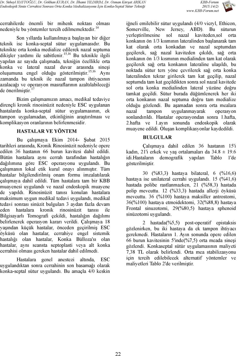 15,16 Bu teknikle ilgili yapılan az sayıda çalışmada, tekniğin özellikle orta konka ve lateral nazal duvar arasında sineşi oluşumuna engel olduğu gösterilmiştir.