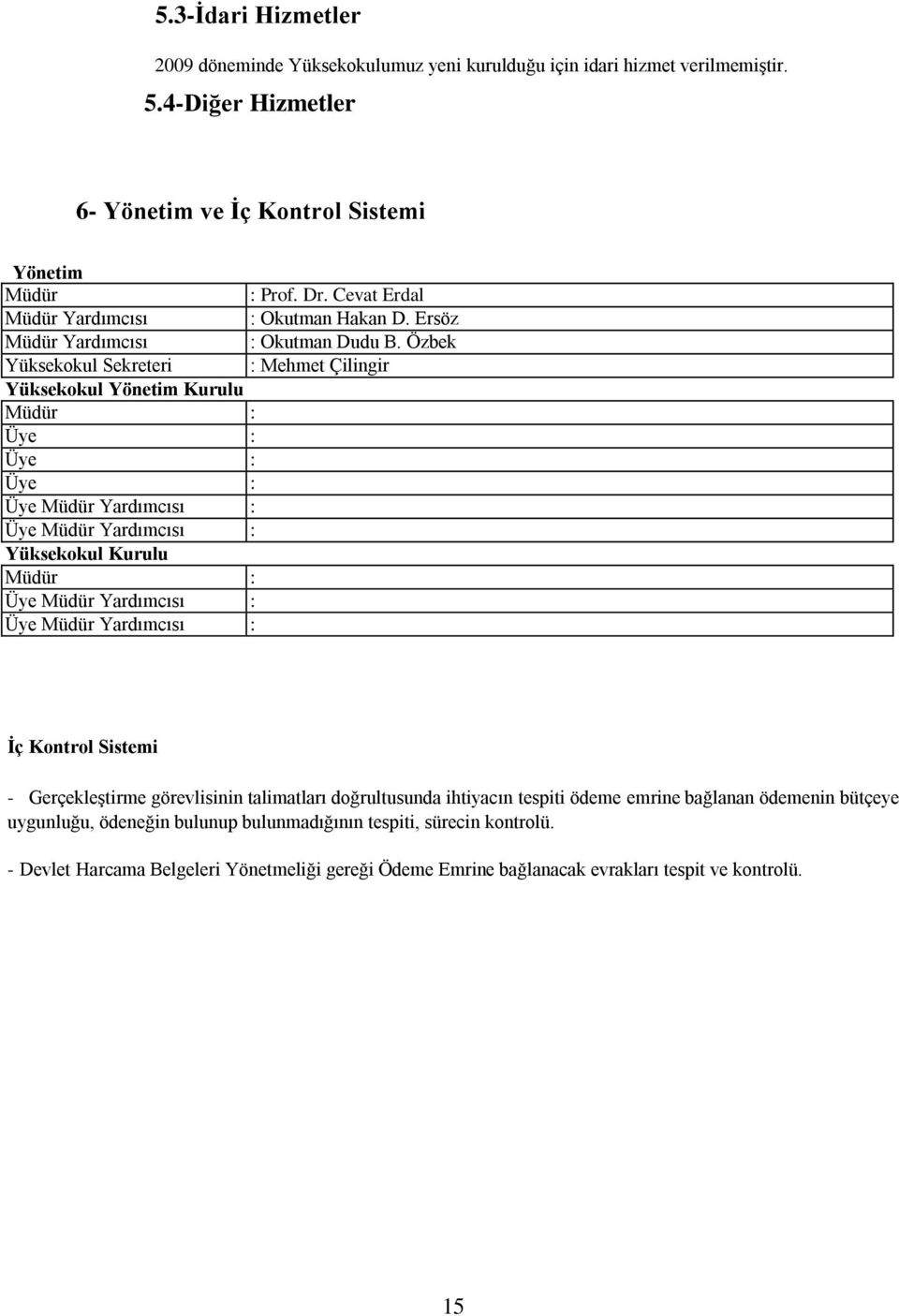 Özbek Yüksekokul Sekreteri : Mehmet Çilingir Yüksekokul Yönetim Kurulu Müdür : Üye : Üye : Üye : Üye Müdür Yardımcısı : Üye Müdür Yardımcısı : Yüksekokul Kurulu Müdür : Üye Müdür Yardımcısı : Üye