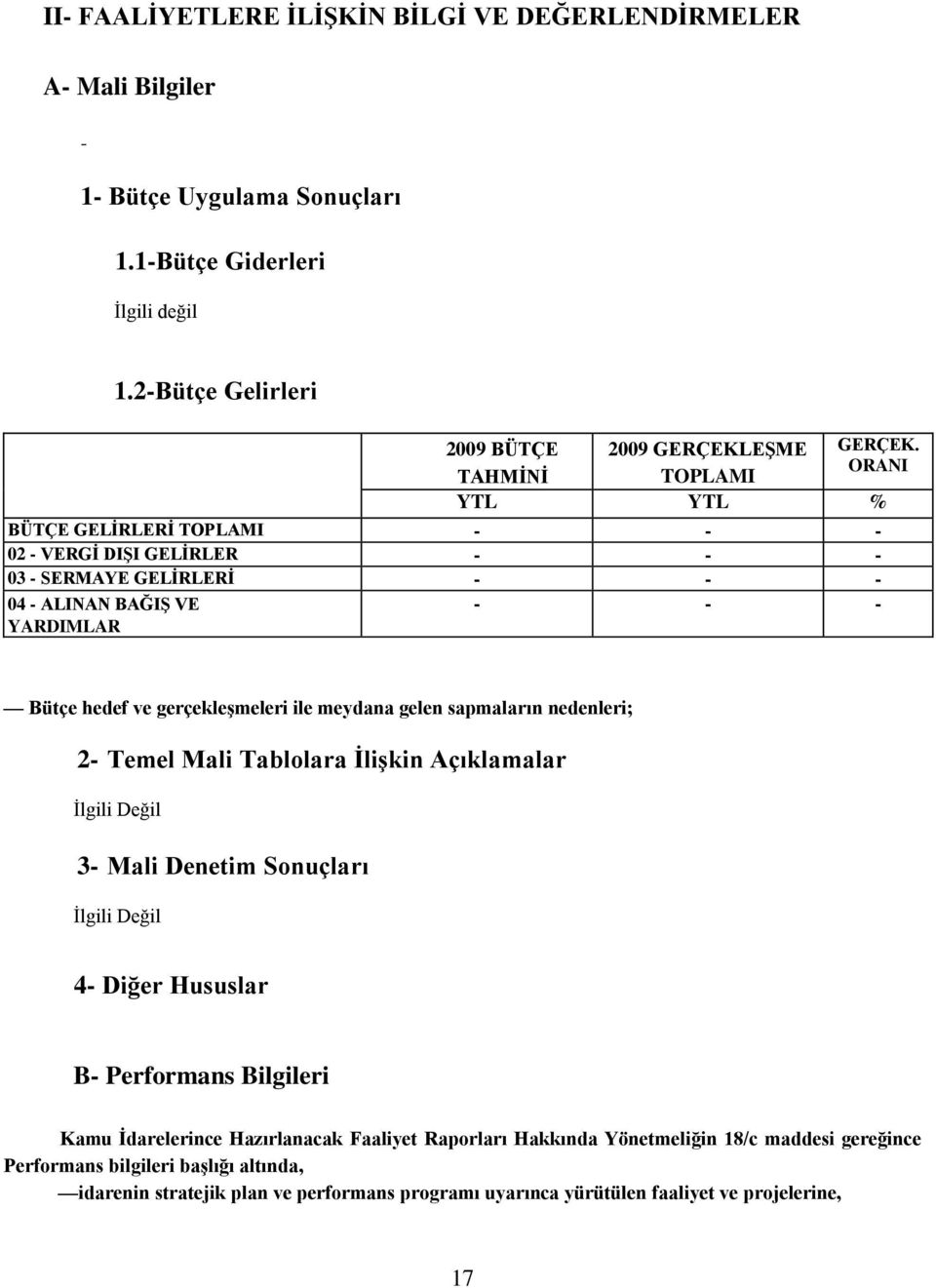 meydana gelen sapmaların nedenleri; 2- Temel Mali Tablolara ĠliĢkin Açıklamalar Ġlgili Değil 3- Mali Denetim Sonuçları Ġlgili Değil 4- Diğer Hususlar B- Performans Bilgileri Kamu Ġdarelerince