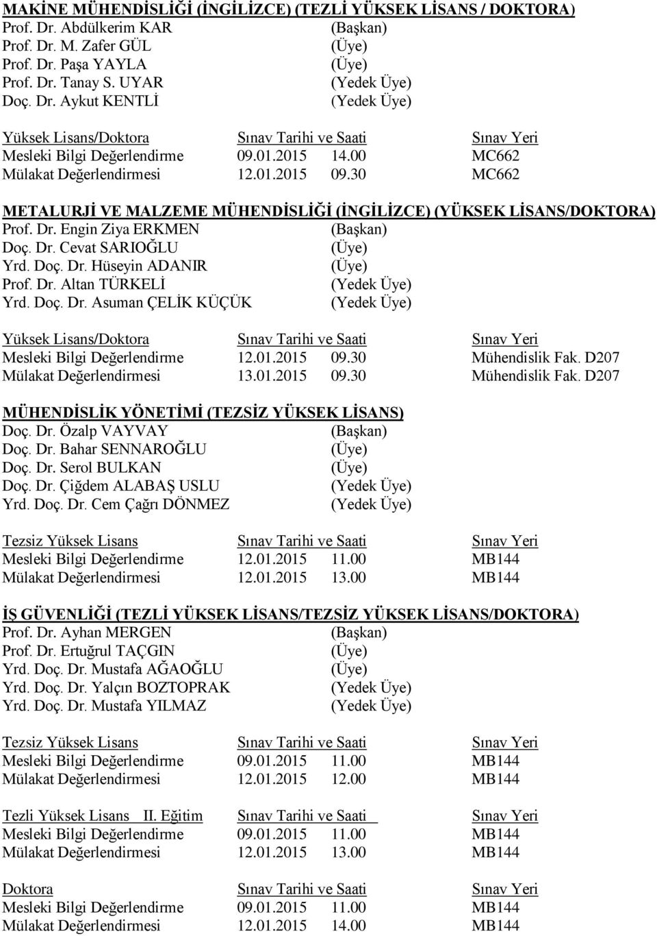Dr. Altan TÜRKELİ Yrd. Doç. Dr. Asuman ÇELİK KÜÇÜK Mesleki Bilgi Değerlendirme 12.01.2015 09.30 Mühendislik Fak. D207 Mülakat Değerlendirmesi 13.01.2015 09.30 Mühendislik Fak. D207 MÜHENDİSLİK YÖNETİMİ (TEZSİZ YÜKSEK LİSANS) Doç.