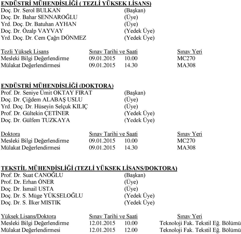 Dr. Gültekin ÇETİNER Doç. Dr. Gülfem TUZKAYA Doktora Sınav Tarihi ve Saati Sınav Yeri Mesleki Bilgi Değerlendirme 09.01.2015 10.00 MC270 Mülakat Değerlendirmesi 09.01.2015 14.