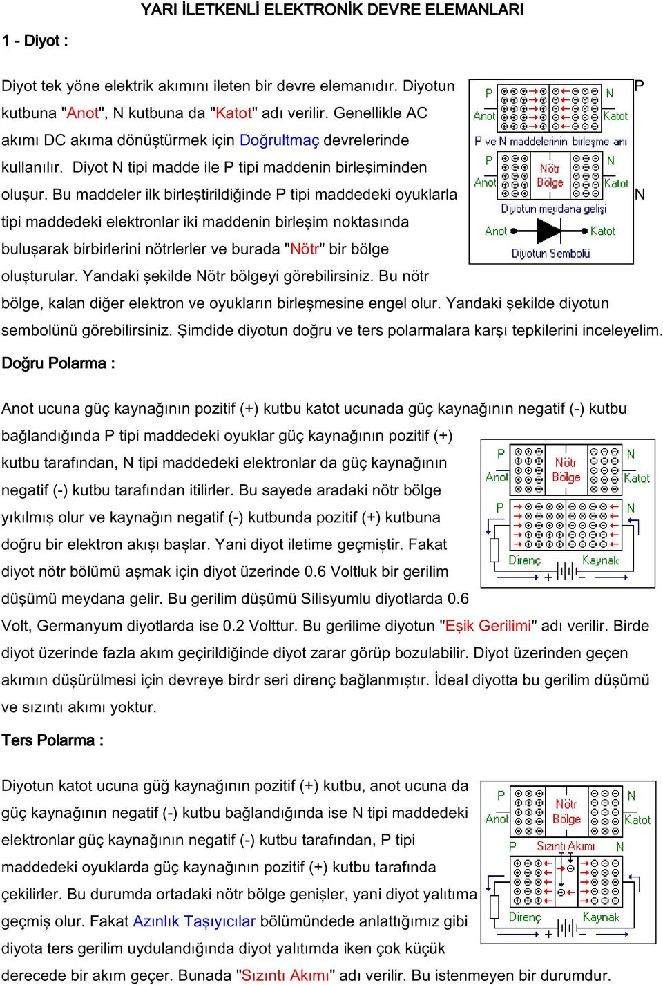 Bu maddeler ilk birleştirildiğinde P tipi maddedeki oyuklarla N tipi maddedeki elektronlar iki maddenin birleşim noktasında buluşarak birbirlerini nötrlerler ve burada "Nötr" bir bölge oluşturular.