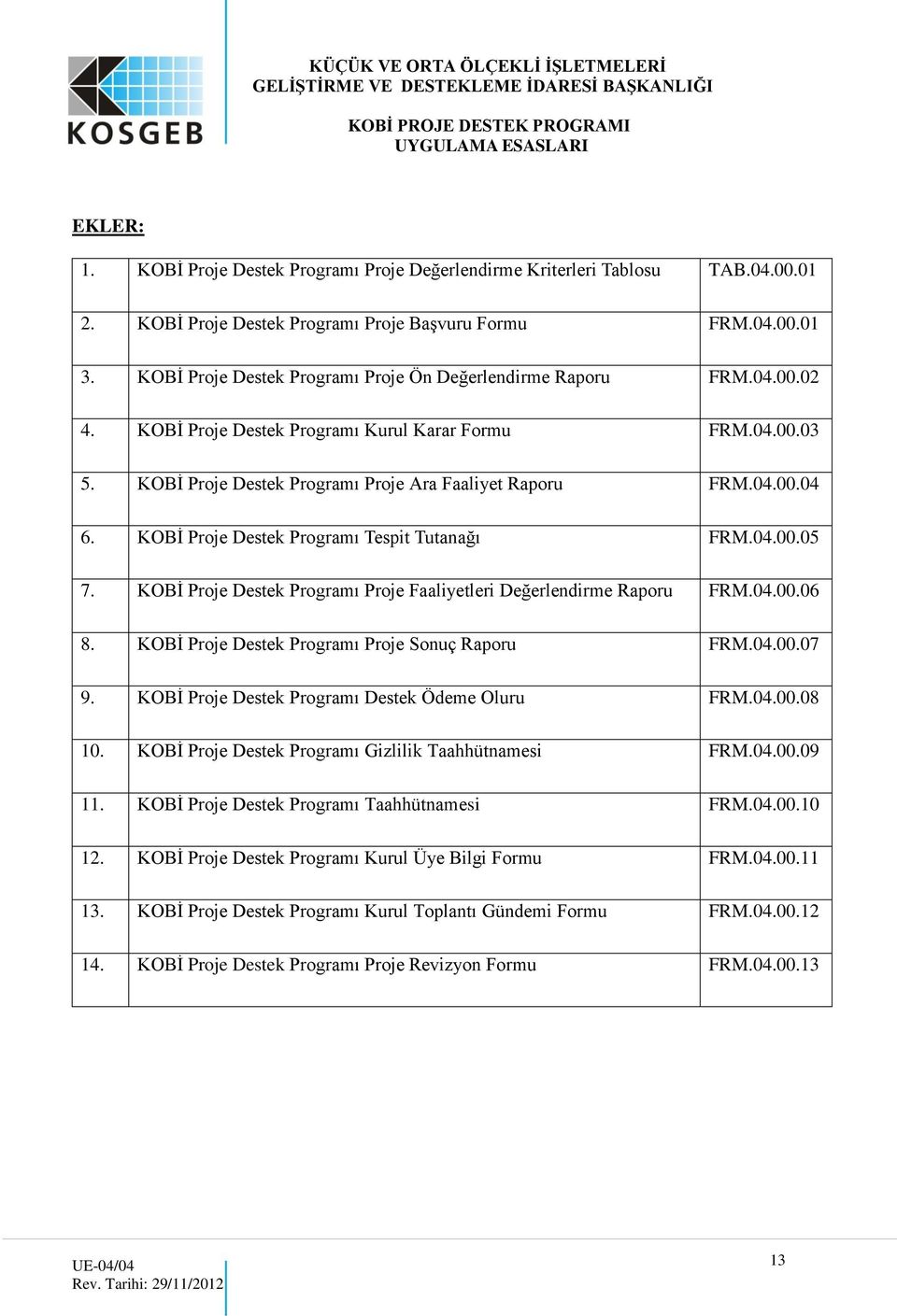 KOBİ Proje Destek Programı Tespit Tutanağı FRM.04.00.05 7. KOBİ Proje Destek Programı Proje Faaliyetleri Değerlendirme Raporu FRM.04.00.06 8. KOBİ Proje Destek Programı Proje Sonuç Raporu FRM.04.00.07 9.