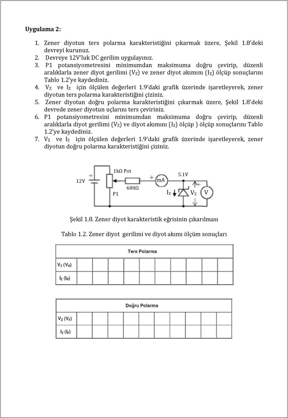 VZ ve IZ için ölçülen değerleri 1.9 daki grafik üzerinde işaretleyerek, zener diyotun ters polarma karakteristiğini çiziniz. 5. Zener diyotun doğru polarma karakteristiğini çıkarmak üzere, Şekil 1.