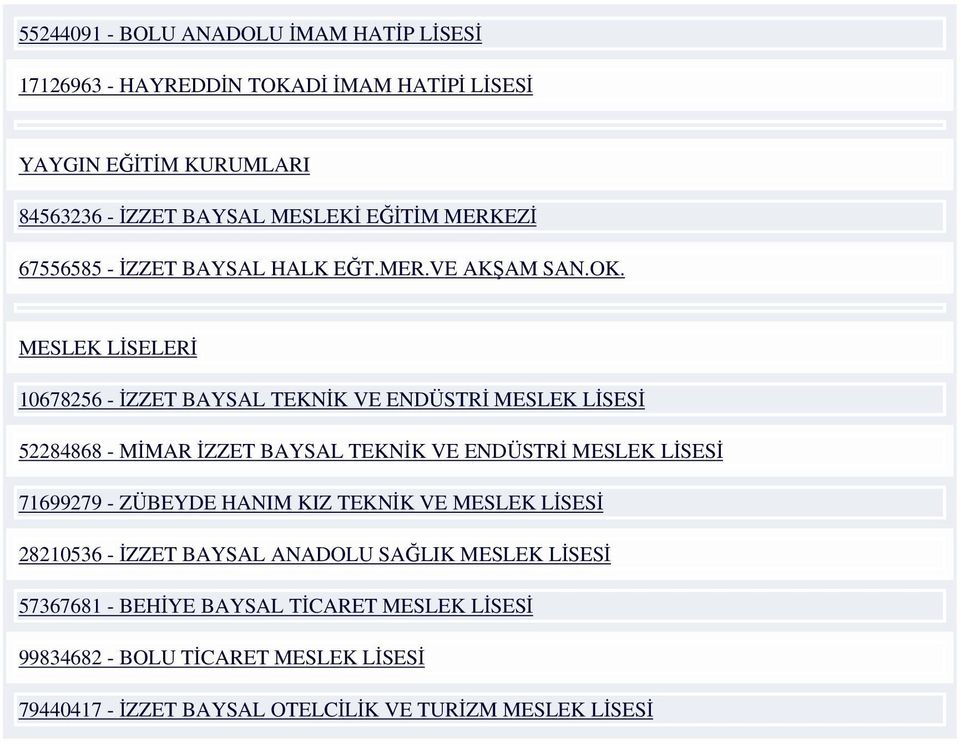 MESLEK LİSELERİ 10678256 - İZZET BAYSAL TEKNİK VE ENDÜSTRİ MESLEK LİSESİ 52284868 - MİMAR İZZET BAYSAL TEKNİK VE ENDÜSTRİ MESLEK LİSESİ 71699279 -