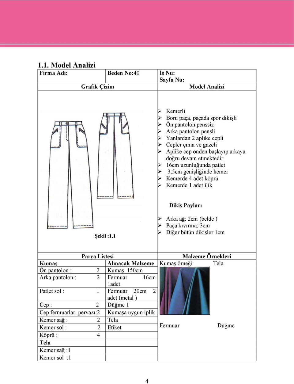 1 Arka ağ: 2cm (belde ) Paça kıvırma: 3cm Diğer bütün dikişler 1cm Parça Listesi Kumaş Alınacak Malzeme Ön pantolon : 2 Kumaş 150cm Arka pantolon : 2 Fermuar 16cm 1adet Patlet sol : 1 Fermuar 20cm