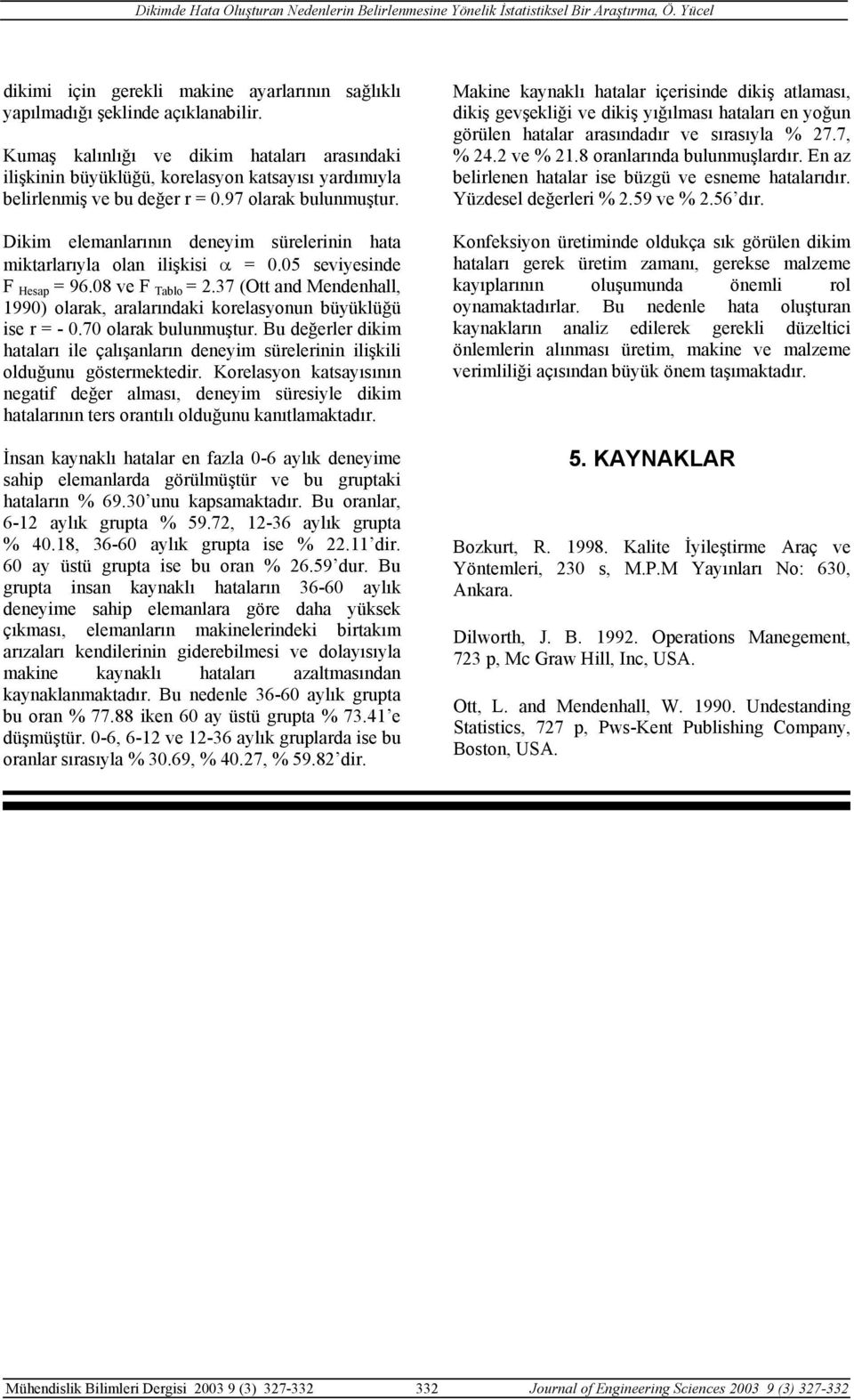 Dikim elemanlarının deneyim sürelerinin hata miktarlarıyla olan ilişkisi α =.5 seviyesinde F Hesap = 96.8 ve F Tablo = 2.