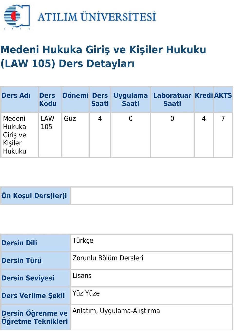 Güz 4 0 0 4 7 Ön Koşul Ders(ler)i Dersin Dili Dersin Türü Dersin Seviyesi Ders Verilme Şekli