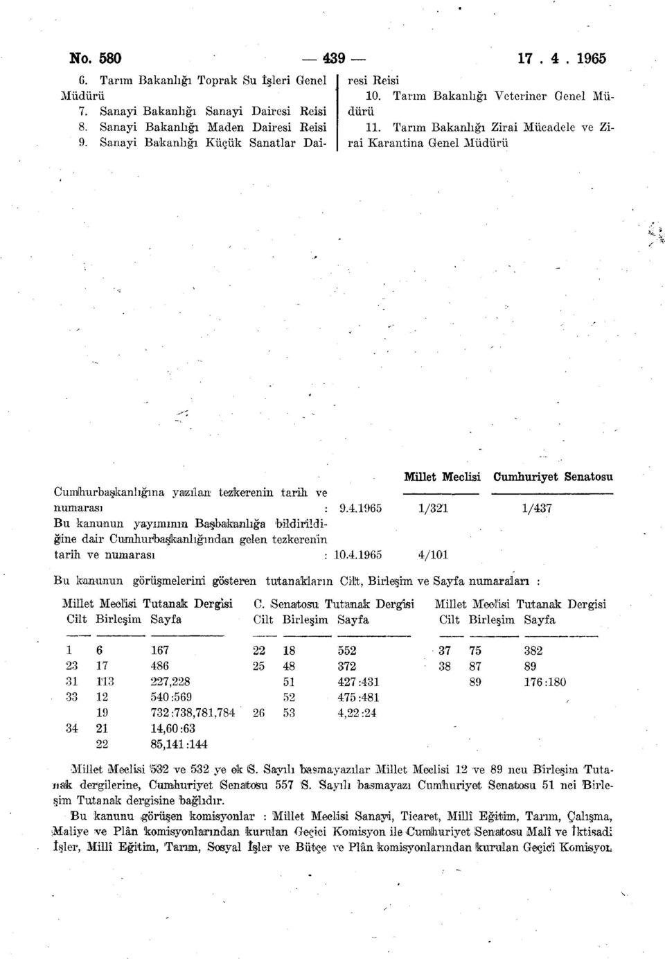 Tarım Bakanlığı Zirai Mücadele ve Zirai Karantina Genel Müdürü Millet Meclisi Cumhuriyet Senatosu Cumhurbaşkanlığına yazılan tezkerenin tarih ve numarası : 9.4.