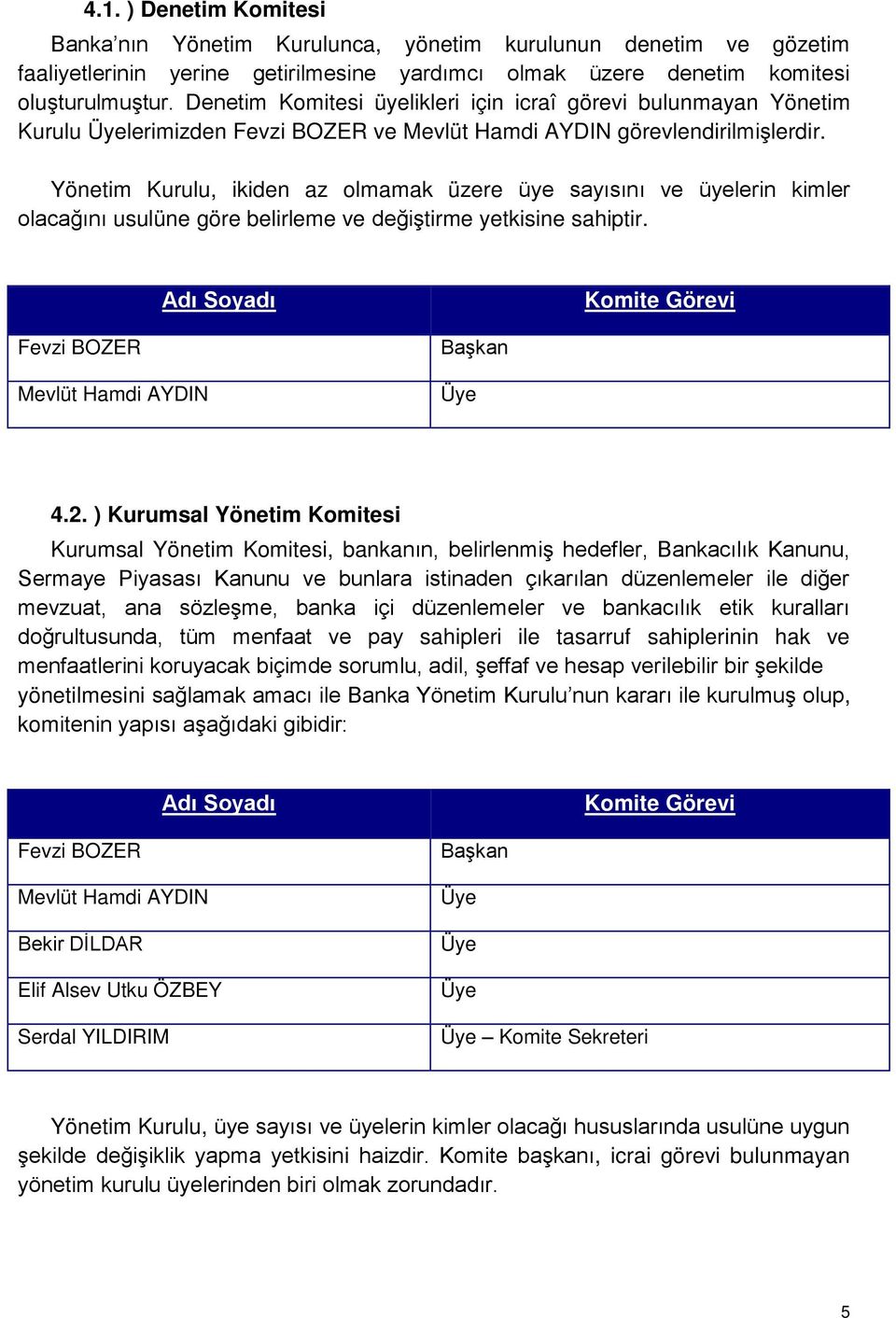 Yönetim Kurulu, ikiden az olmamak üzere üye sayısını ve üyelerin kimler olacağını usulüne göre belirleme ve değiştirme yetkisine sahiptir. 4.2.