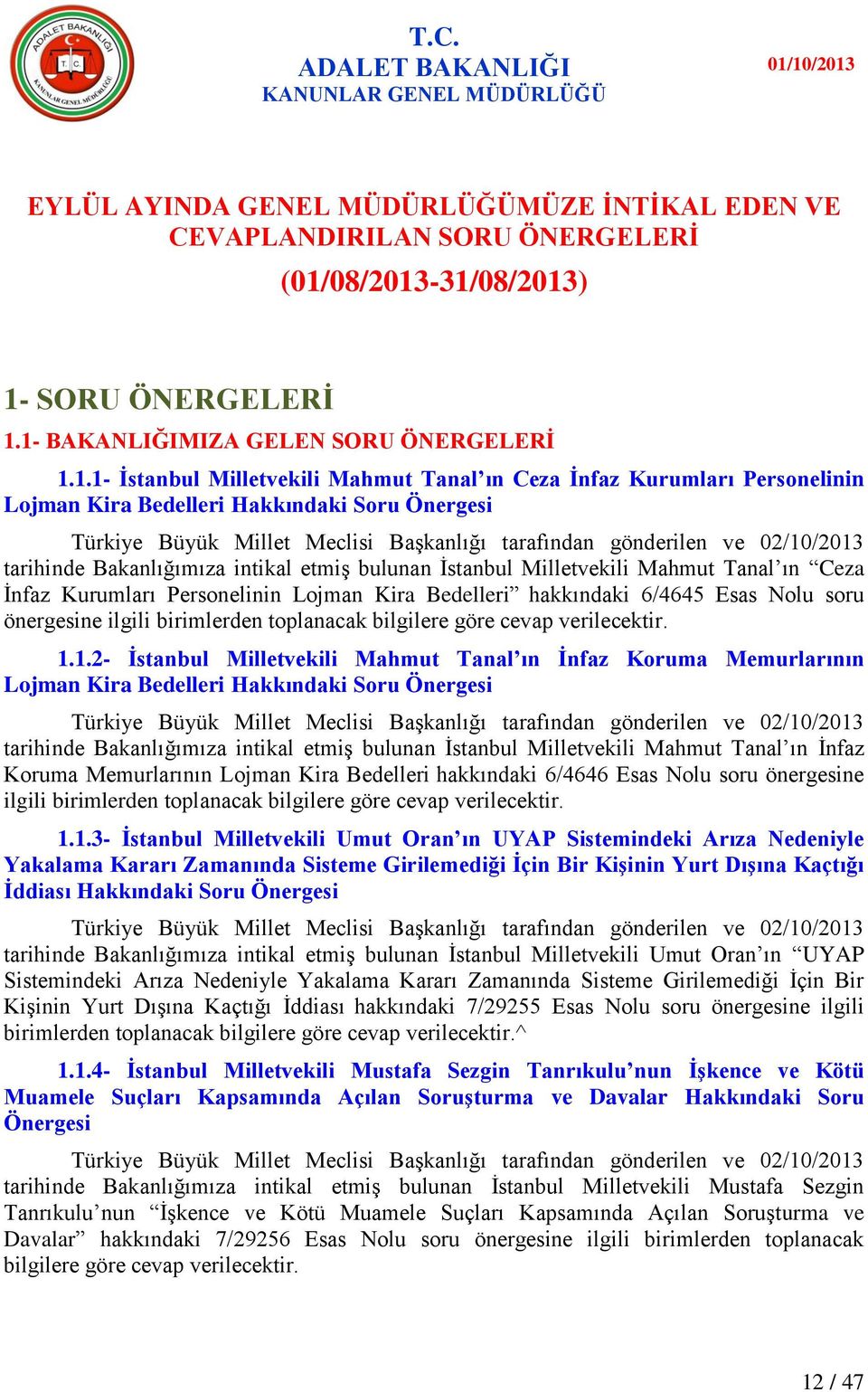 Milletvekili Mahmut Tanal ın Ceza Ġnfaz Kurumları Personelinin Lojman Kira Bedelleri hakkındaki 6/4645 Esas Nolu soru önergesine ilgili birimlerden toplanacak bilgilere göre cevap verilecektir. 1.