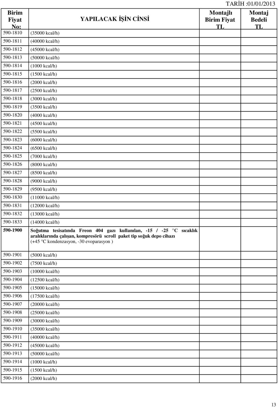 590-1827 (8500 kcal/h) 590-1828 (9000 kcal/h) 590-1829 (9500 kcal/h) 590-1830 (11000 kcal/h) 590-1831 (12000 kcal/h) 590-1832 (13000 kcal/h) 590-1833 (14000 kcal/h) 590-1900 Soğutma tesisatında Freon