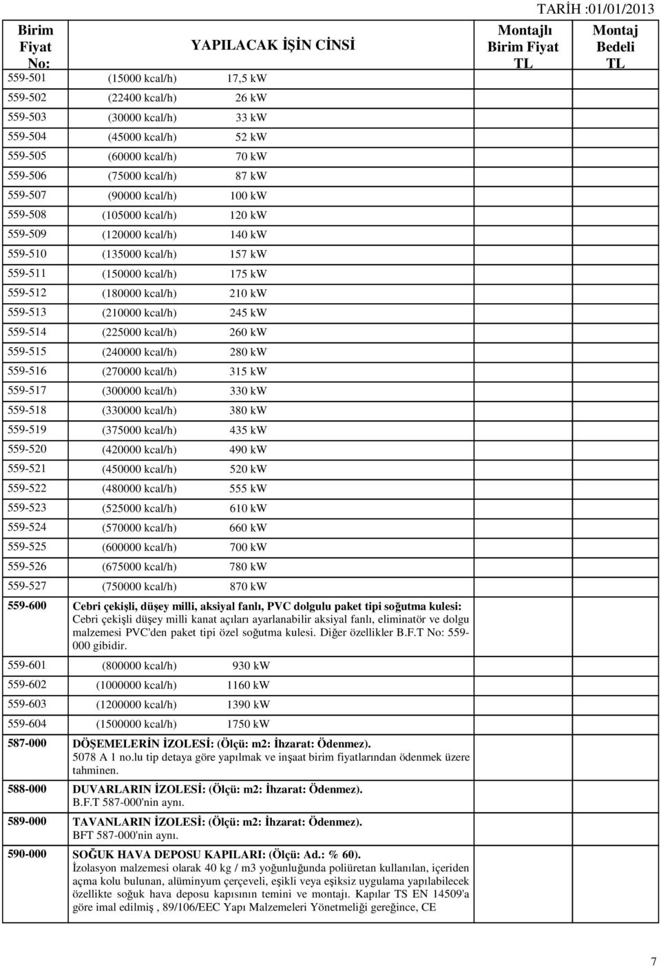 559-514 (225000 kcal/h) 260 kw 559-515 (240000 kcal/h) 280 kw 559-516 (270000 kcal/h) 315 kw 559-517 (300000 kcal/h) 330 kw 559-518 (330000 kcal/h) 380 kw 559-519 (375000 kcal/h) 435 kw 559-520