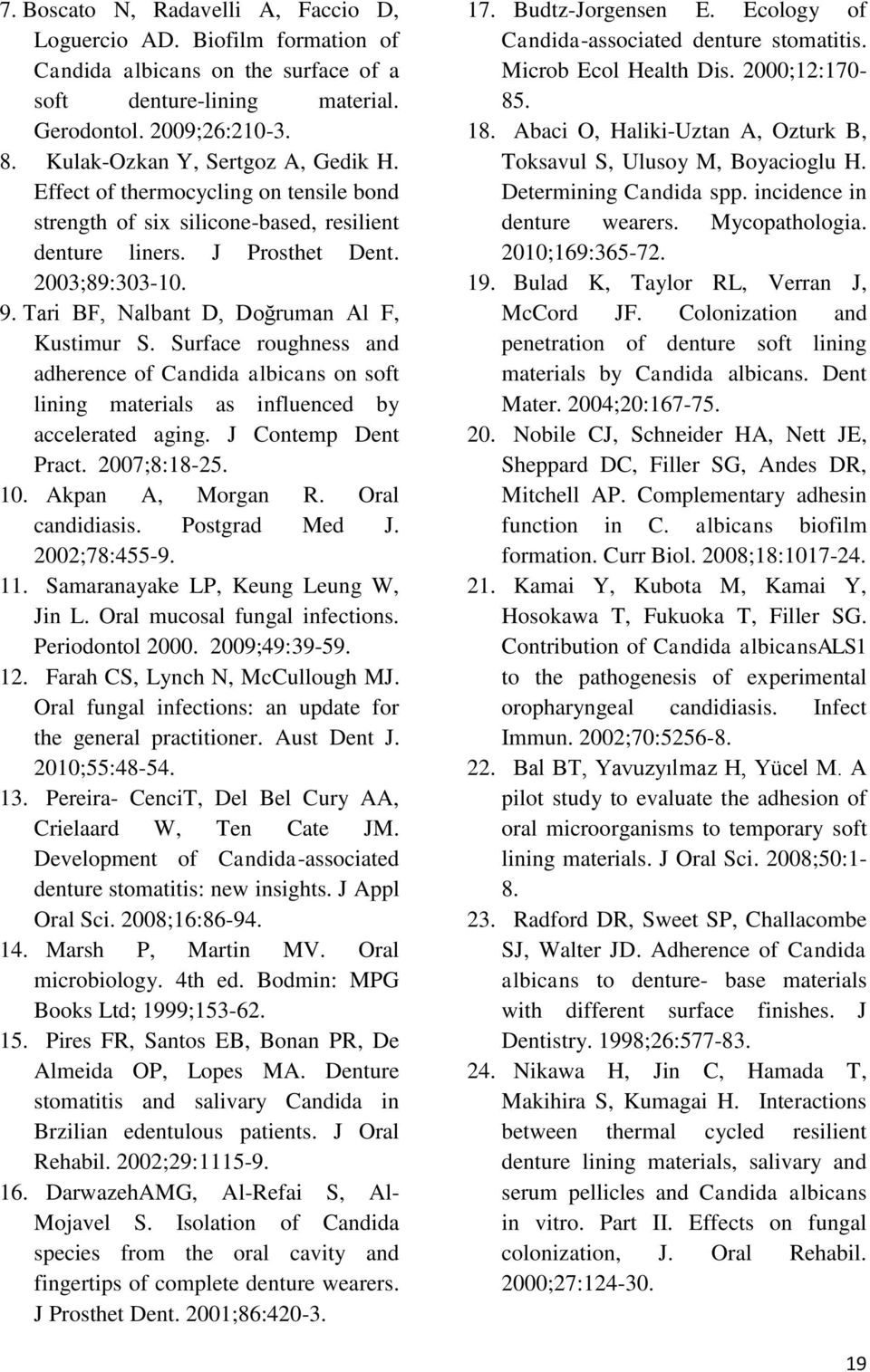 Tari BF, Nalbant D, Doğruman Al F, Kustimur S. Surface roughness and adherence of Candida albicans on soft lining materials as influenced by accelerated aging. J Contemp Dent Pract. 2007;8:18-25. 10.