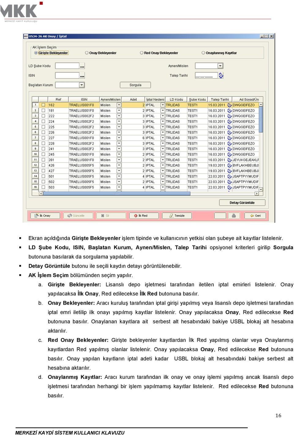 Detay Görüntüle butonu ile seçili kaydın detayı görüntülenebilir. AK İşlem Seçim bölümünden seçim yapılır. a.
