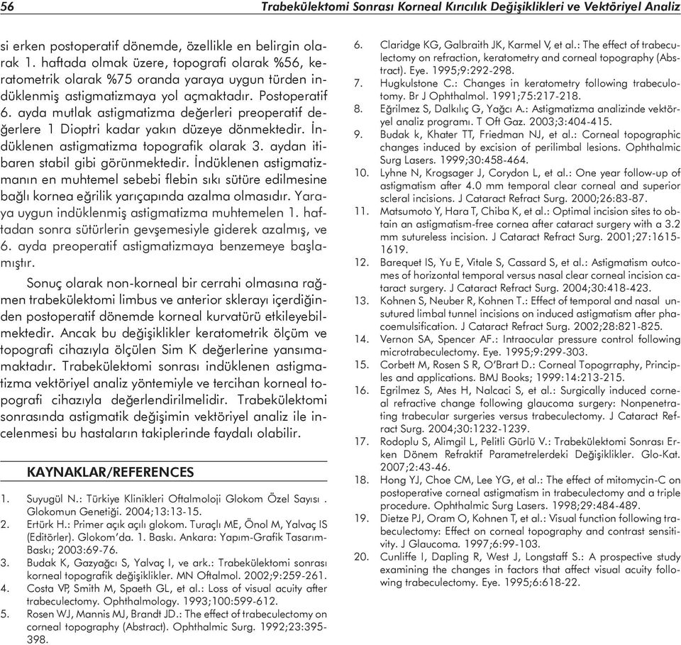 ayda mutlak astigmatizma değerleri preoperatif değerlere 1 Dioptri kadar yakın düzeye dönmektedir. İndüklenen astigmatizma topografik olarak 3. aydan itibaren stabil gibi görünmektedir.