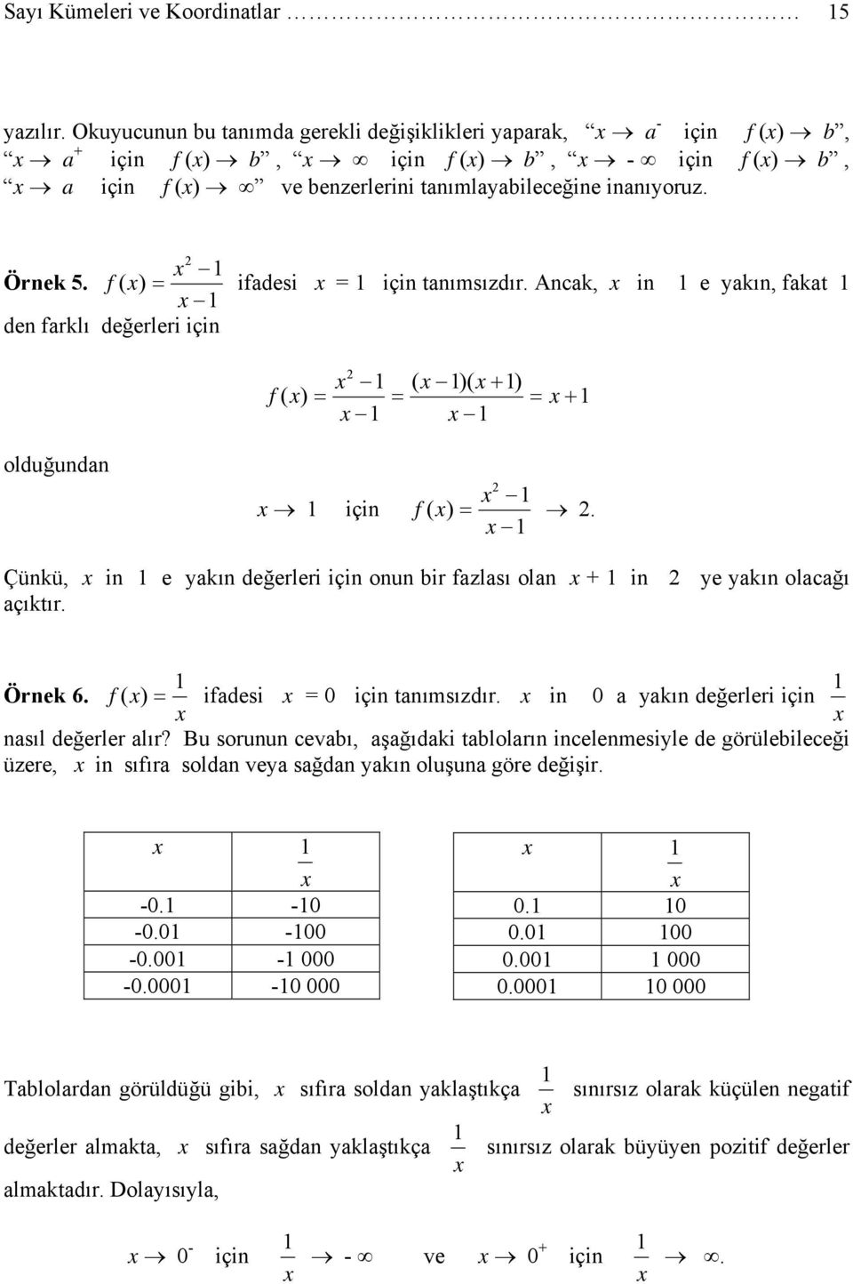 Örnek 6. f ( ) = ifdesi = 0 için tnımsızdır. in 0 ykın değerleri için nsıl değerler lır?