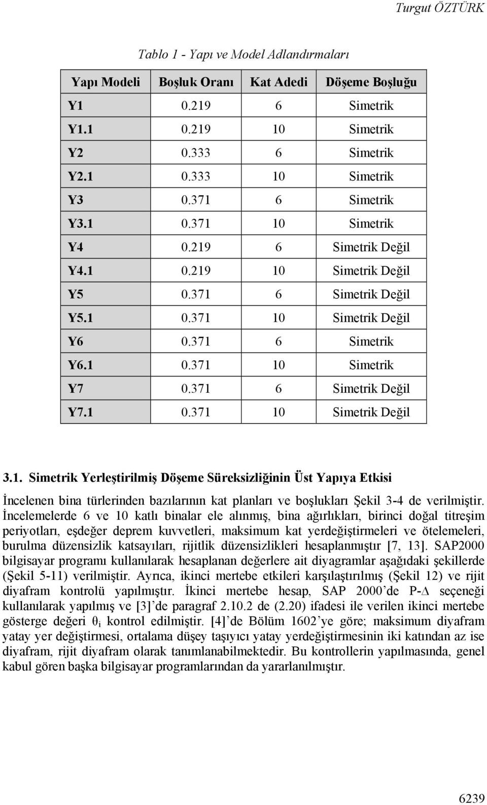 İncelemelerde ve katlı binalar ele alınmış, bina ağırlıkları, birinci doğal titreşim periyotları, eşdeğer deprem kuvvetleri, maksimum kat yerdeğiştirmeleri ve ötelemeleri, burulma düzensizlik