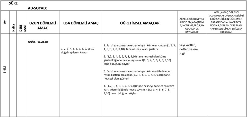 4. (1,2, 3, 4, 5, 6, 7, 8, 9,10) tane nesneyi ifade eden resim kartı gösterildiğinde nesne sayısının 1(2, 3, 4, 5, 6, 7, 8, 9,10) tane olduğunu söyler.