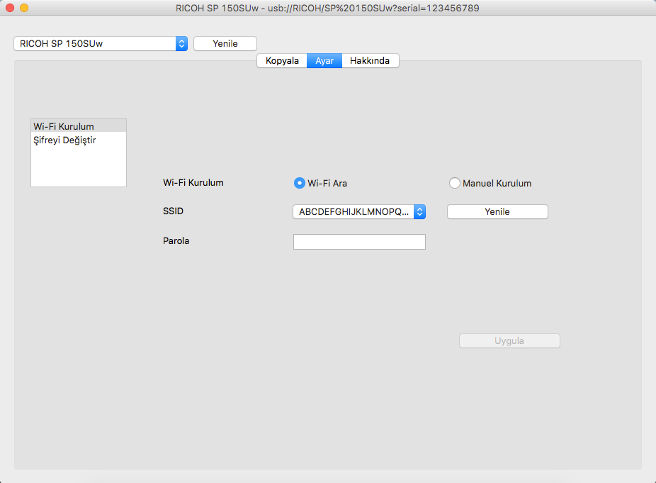 3. Mac sürümü Ayar (Yalnızca SP 150w ve SP 150SUw tarafından desteklenir) Wi-Fi Ayarları (Yalnızca SP 150w ve SP 150SUw tarafından desteklenir)