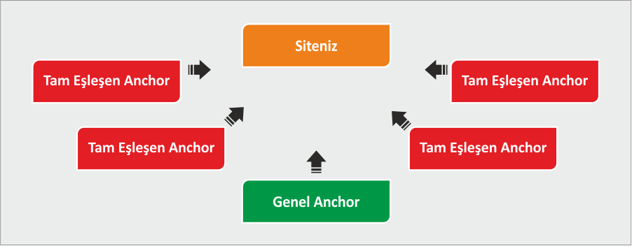 Sitenize aldığınız anchor text çeşitlerinin büyük bölümü direk anchor türü ise yani direk olarak anahtar kelimeniz ile alıyorsanız Google bu durumu otomatik link oluşturma yada yazılımlarla sağlanan