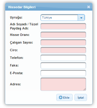 Hissedar Bilgileri Penceresi Hissedar Bilgileri Penceresi nde yer alan alanlar aşağıdaki gibidir; Uyruğu alanında, başvuru sahibinin ekleyeceği hissedarın uyruk bilgisi belirtilir.