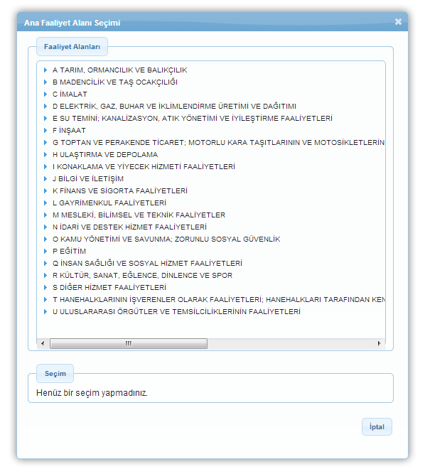 Ana Faaliyet Alanı Seçimi Penceresi Ana Faaliyet Alanı Seçimi Penceresi nde yer alan NACE kodlarından ilgili alanın yanındaki ok ( ) düğmesine tıklanır, ilgili faaliyet alanı seçilir ve Seç düğmesine