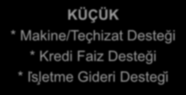 İşletme Türlerine Göre Destekler Komple Yeni Yatırım Tamamen yeni makine/teçhizat, Yapılaşması bitmiş alan, Mevcut tesisten bağımsız altyapı, BÜYÜK * Makine/Teçhizat Desteği ORTA * Makine/Teçhizat