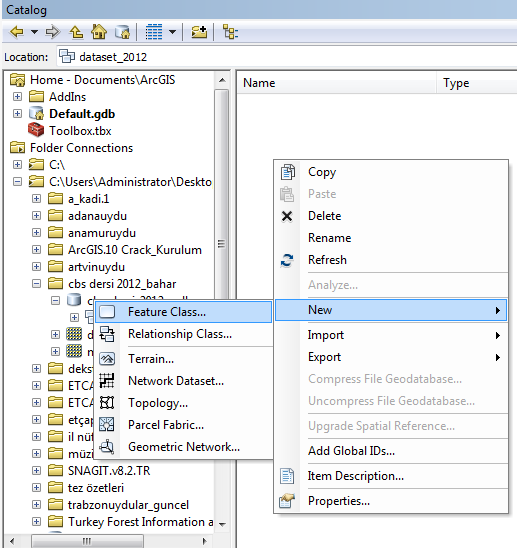 Dataset içerisinde Feature Class Oluşturma
