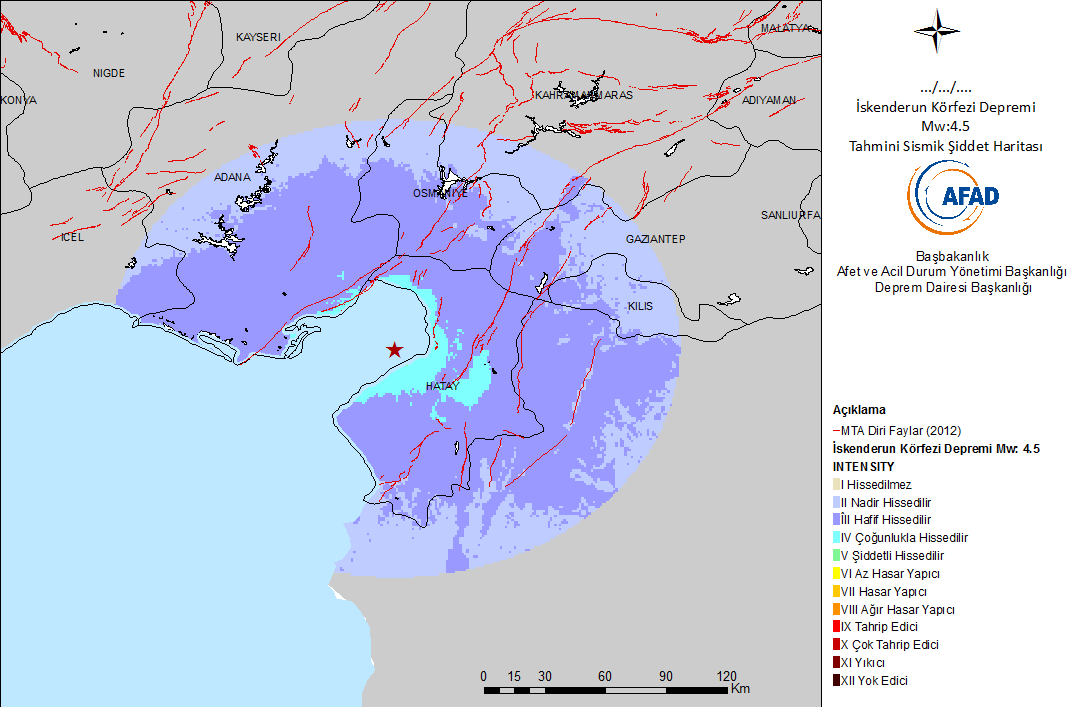 TAHMİNİ SİSMİK ŞİDDET SONUÇLARI 09 Haziran 2014 tarihli İskenderun Körfezi Depremi tahmini sismik şiddet dağılım haritası Şekil 2.4 de gösterilmiştir. Şekil 2.4 Tahmini Sismik Şiddet Haritası 3.