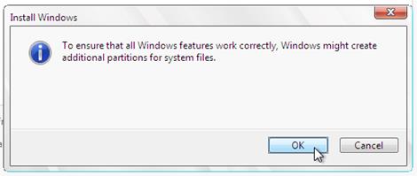 Şekil 2.9: Windows un Sistem Dosyaları için Ayrı Bir Bölüm Yaratacağı Uyarısı Yeni disk bölümleri oluşturulduğunda, Windows 7 nin kurulacağı dizin ve disk yapısı Şekil 2.