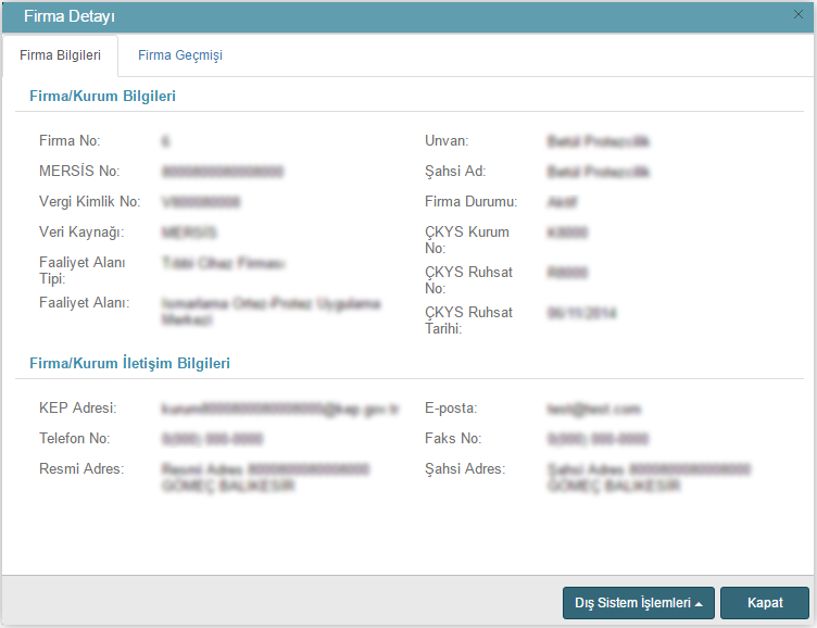 firma / kurum bilgisine tıklandığında, Firma Detayı Penceresi görüntülenmektedir.