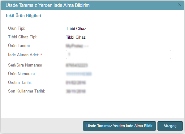 Bildirim Listele Ekranı Alma bildirimi yapılmak istenen tekil ürün listeden seçilerek ÜTS'de Tanımsız Yerden Alma Bildir ( ) düğmesine tıklanır.