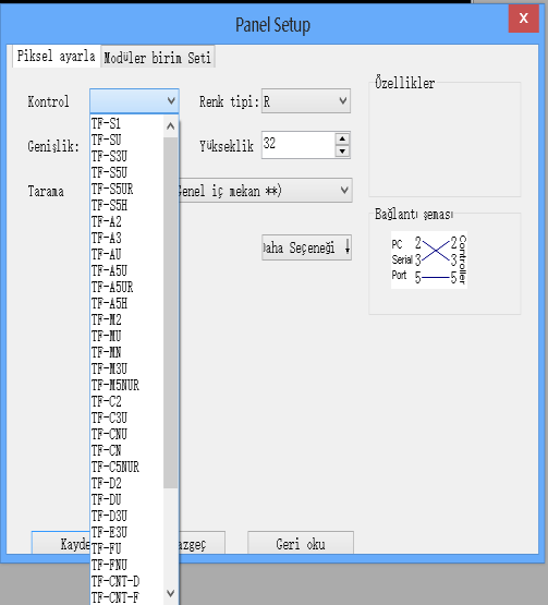 9 Açılan pencereden grafik panelimizin ölçülerini ve kullanacağımız kontrol ünitesini seçip KAYDET butonuna basıyoruz. Ve Parametreler Kaydedildi uyarısından sonra pencereyi kapatıyoruz.