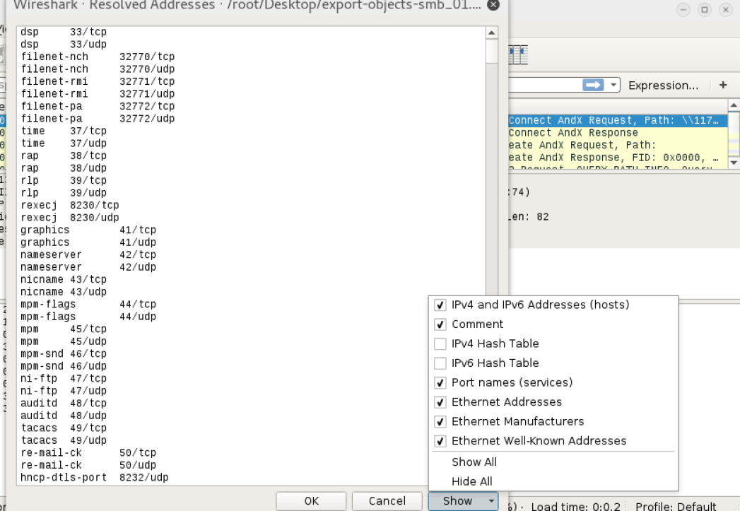 Wireshark Resolved Addresses Yakalanan paketlerin tamamı için bir adres çözümleme