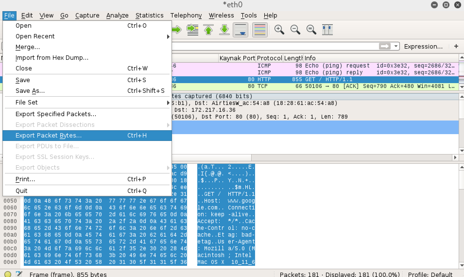 Trafik İçerisindeki Paketlerin Export Edilmesi - 1 Wireshark ile çalışırken herhangi bir paketi export etmek ve daha sonra incelemek istersek