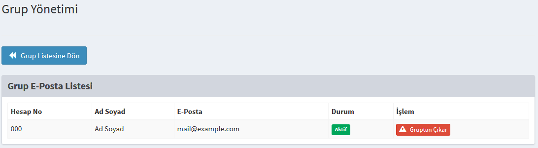 4.4. Grup E-Posta Yönetimi Grup Yönetimi anasayfasında bulunan İşlemler menüsüne tıklayarak, Grup Yönetimi seçeneğine tıklayarak gruba bağlı olan e-posta