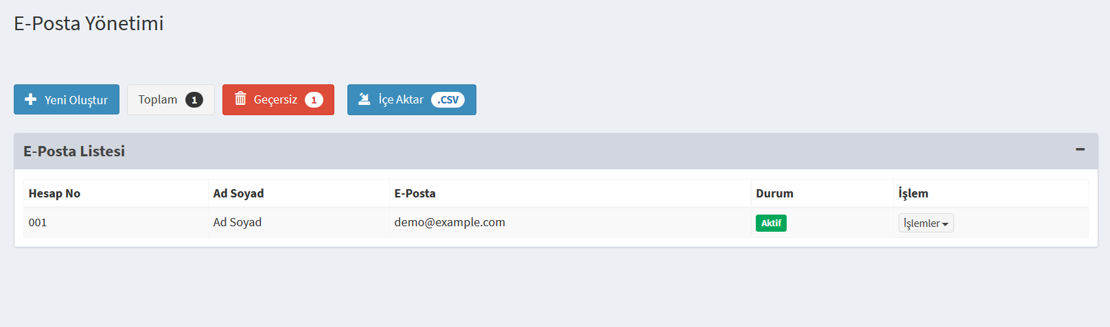 5. E-POSTA LİSTESİ E-Posta adreslerini sisteme eklediğimiz bölümdür. Alıcı e-posta adreslerinizi bu bölümde ekleyebilir ve yönetebilirsiniz. 5.1.