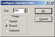 57 Şekil 3.45. Set graphics text diyalog kutusu 3.2.10.6. Set Junction Dots Birleşim noktalarının şekil ve ebatlarına ilişkin ayarların yapılmasını sağlar. Bu komutun kullanılmasıyla şekil 3.