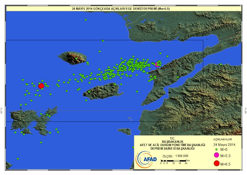 2. 24 Mayıs 2014 Ege Denizi (Gökçeada Açıkları) Depremi (Mw: 6.5) 24 Mayıs 2014 tarihinde Türkiye Saati ile 12:25 te Gökçeada açıklarında (Ege Denizi) 40.2108 K, 25.