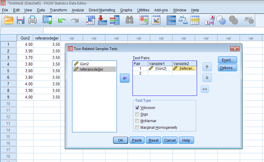 Murat ÇİMEN Şekil 7. Değerlerin Test Pair Alanına Taşınması Ok tuşuna basıldığında Tablo 5 te gösterilen analiz sonucuna ulaşılır. Tablo 5. Wilcoxon Tek Örnek İşaret Sıralaması Testi Analiz Sonucu Analiz sonucuna bakıldığında Asym.