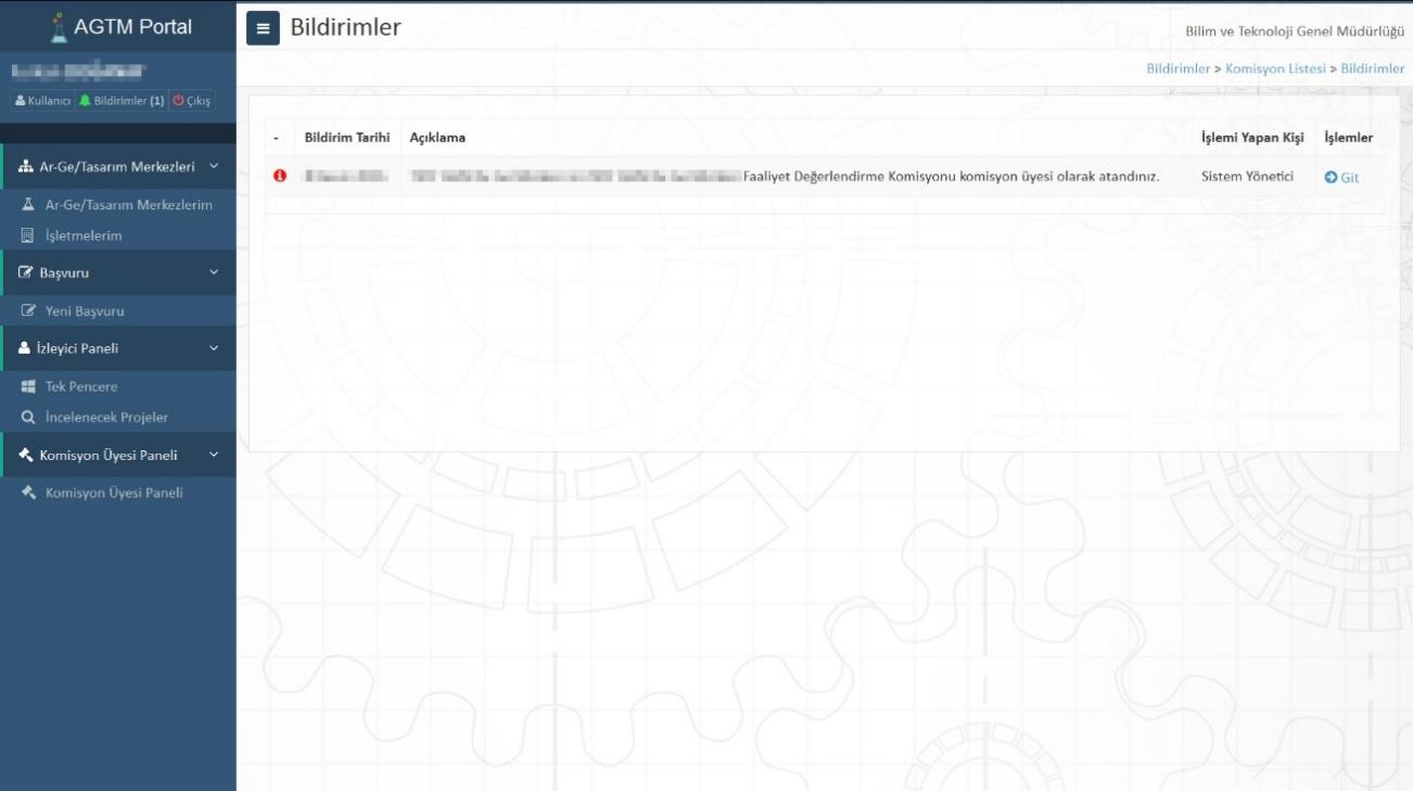 1.5. Ar-Ge ve Tasarım Merkezleri Portalı na (AGTM Portal) giriş yaptıktan sonra aşağıdaki Bildirimler ekranı sizi karşılamaktadır. Bu kısımda size ait bildirimler listelenmektedir.