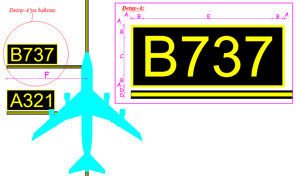 2.12. Çoklu Uçak Durma İşaretlemesi 2.12.1. Çoklu uçak durma işaretlemeleri, uçak karşılama (marshalling) hizmeti verilmeyen ve farklı uçak tipleri için farklı kokpit durma pozisyonlarının gerekli