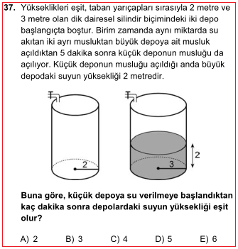 OT PT Teğet, yarıçapa değme noktasında diktir. OTP dik üçgeninde Pisagordan; 4 2 + TP 2 =6 2 TP 2 =20 TP = 2 5 cm. Silindirin hacmi = πr 2 h 5 dakikada akan su miktarı = π3 2.